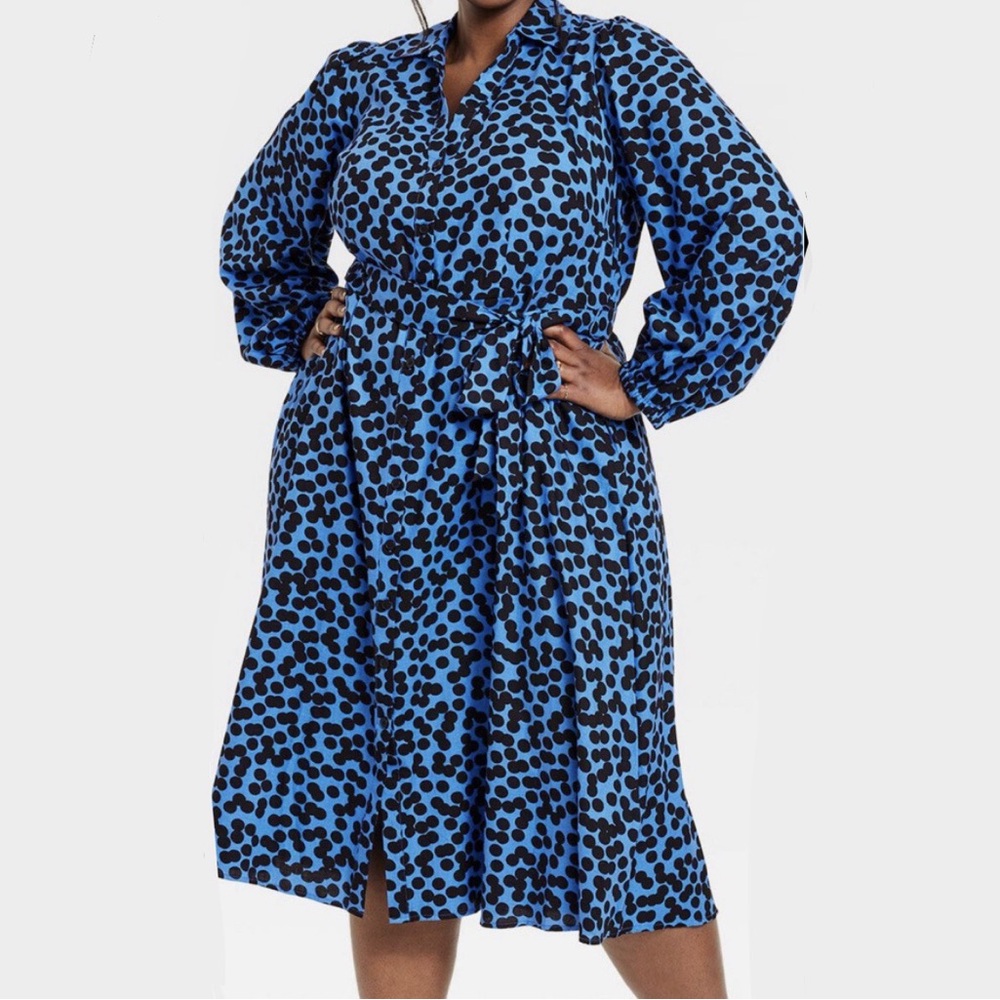 AVA & VIV Blue Black Polka Dot Dress Size XXL Balloon Sleeve Button Down Artsy